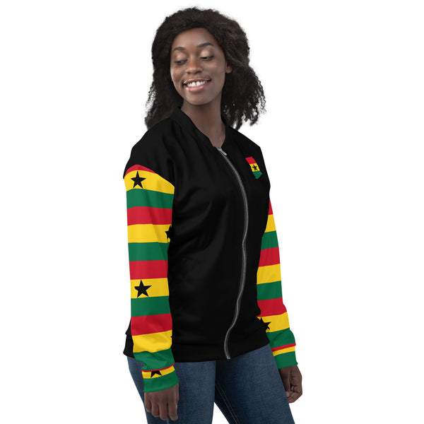 Ghana Flag on Sleeves Unisex Bomber Jacket - Black