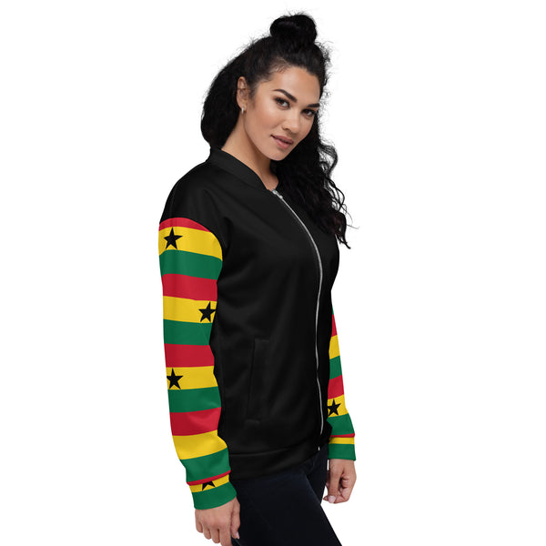 Ghana Flag on Sleeves Unisex Bomber Jacket - Black