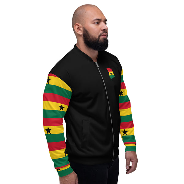 Ghana Flag on Sleeves Unisex Bomber Jacket - Black