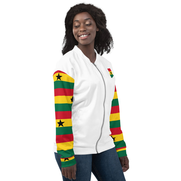 Ghana Flag on Sleeves Unisex Bomber Jacket - White