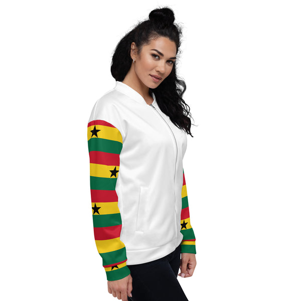 Ghana Flag on Sleeves Unisex Bomber Jacket - White