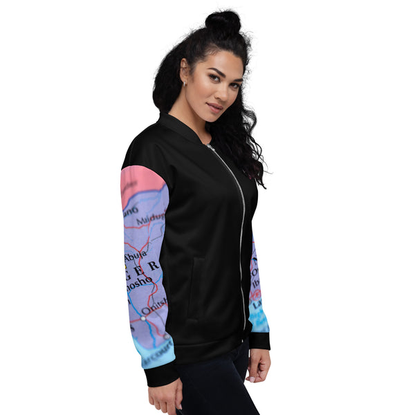 Nigerian Map on sleeves Unisex Bomber Jacket - black