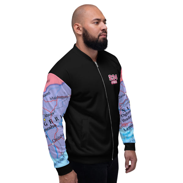 Nigerian Map on sleeves Unisex Bomber Jacket - black