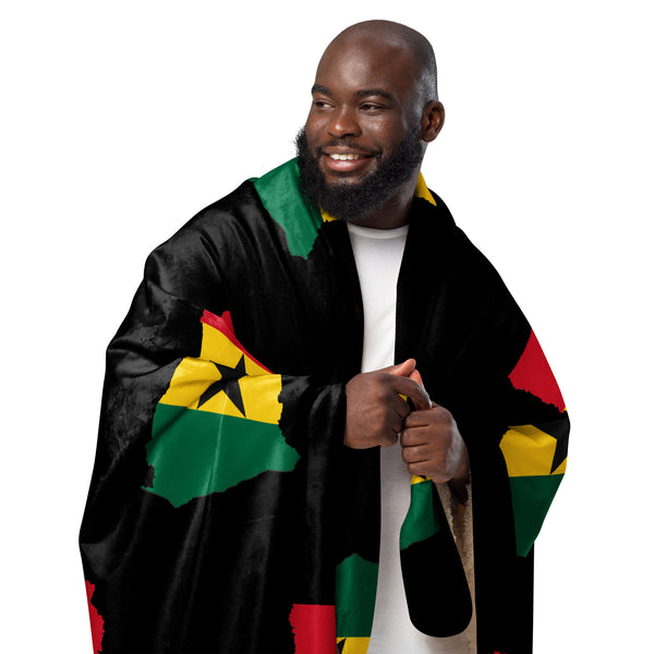 Ghana Map & Flag Sherpa Blanket - black