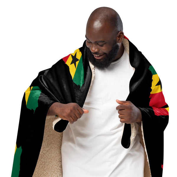 Ghana Map & Flag Sherpa Blanket - black